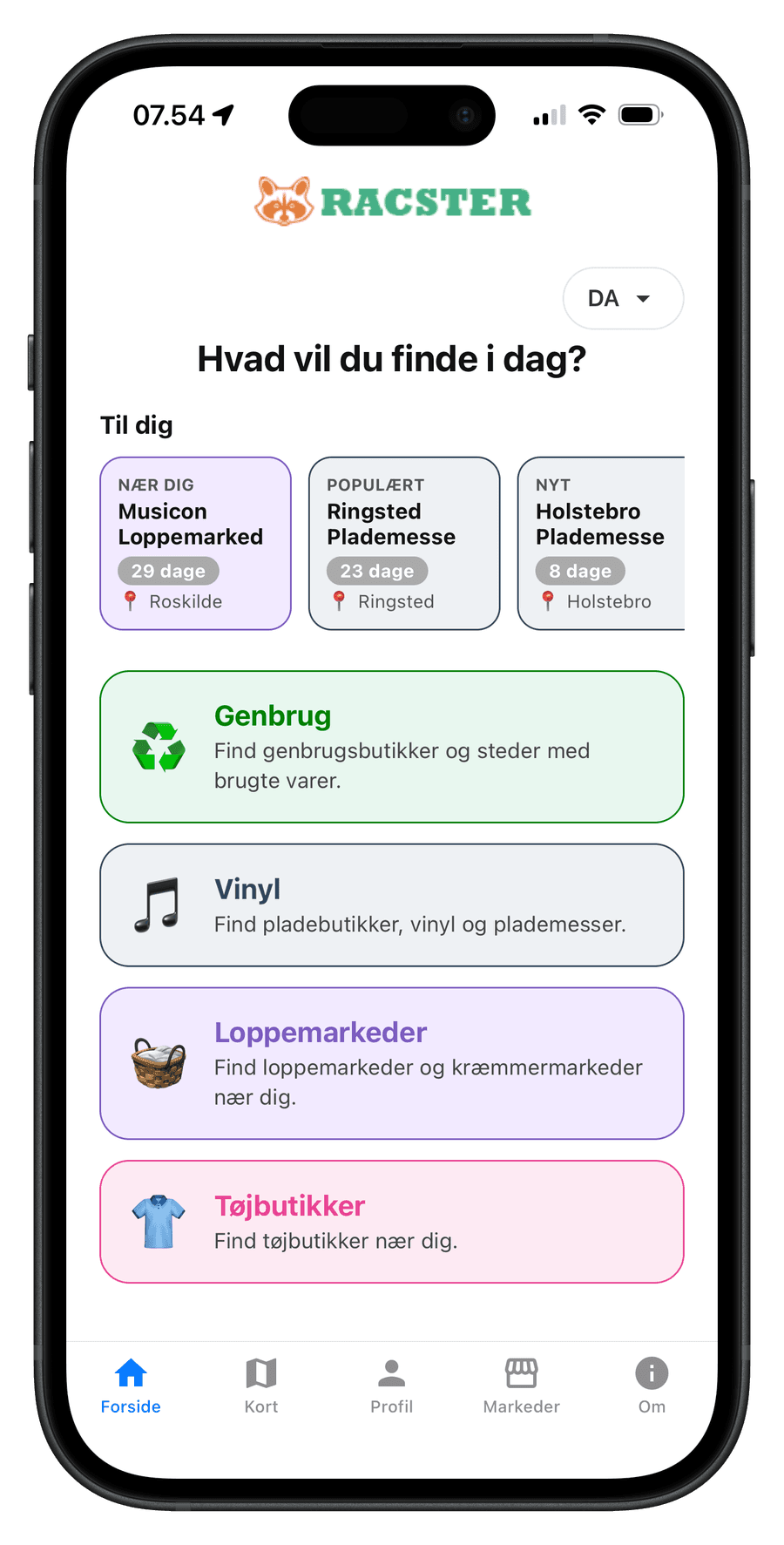 Racster-appens forside med kategorier og markeder i nærheden