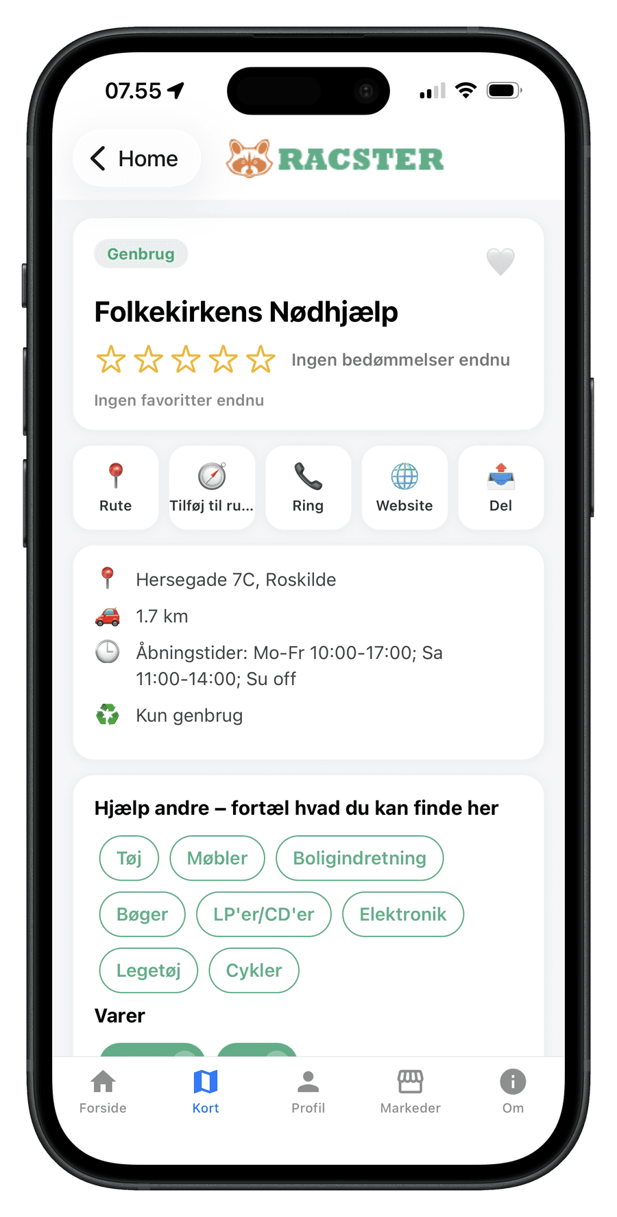 Detaljevisning af en genbrugsbutik i Racster med adresse, afstand og åbningstider